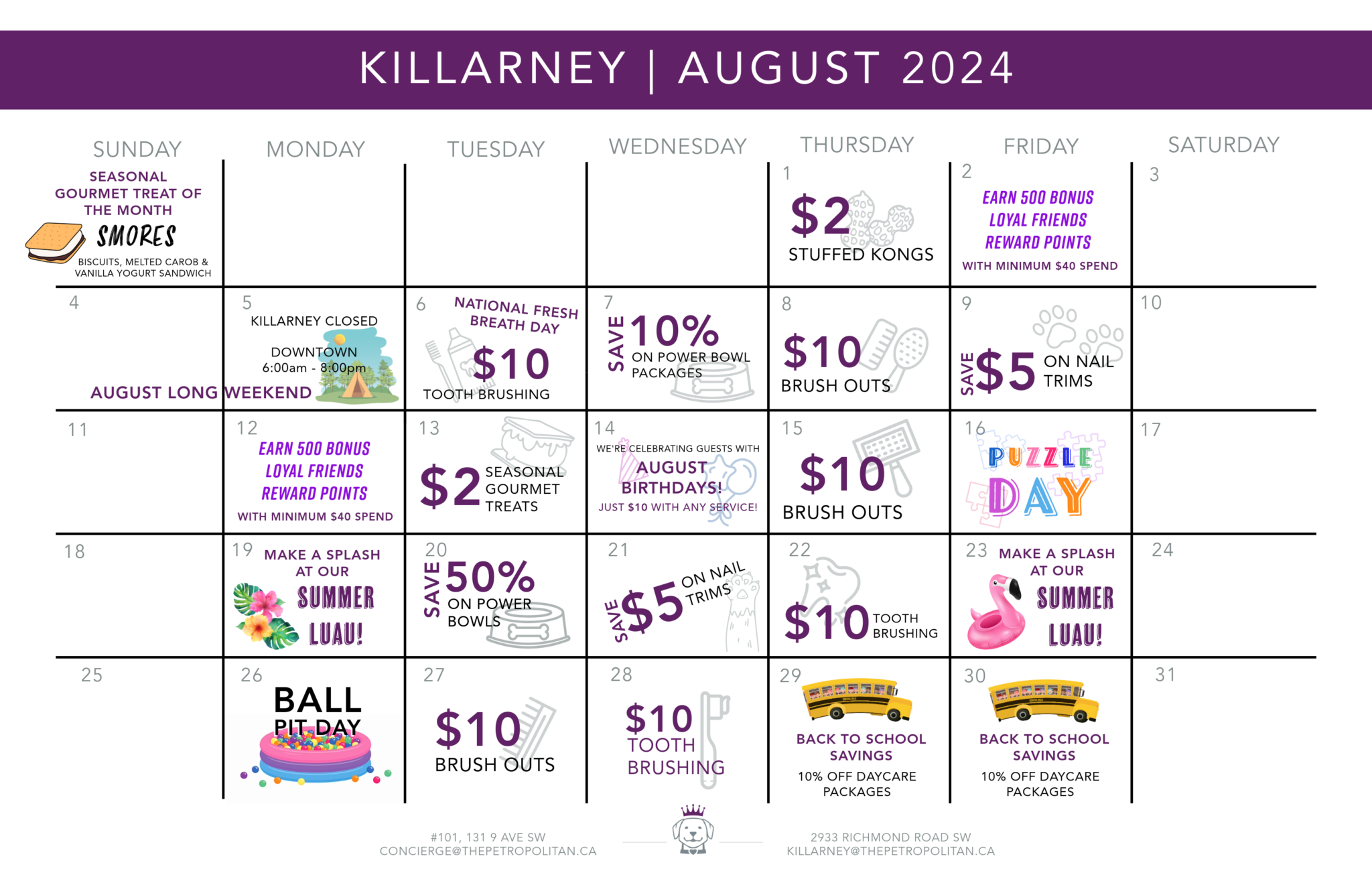 Event and Savings Calendar | Killarney August 2024